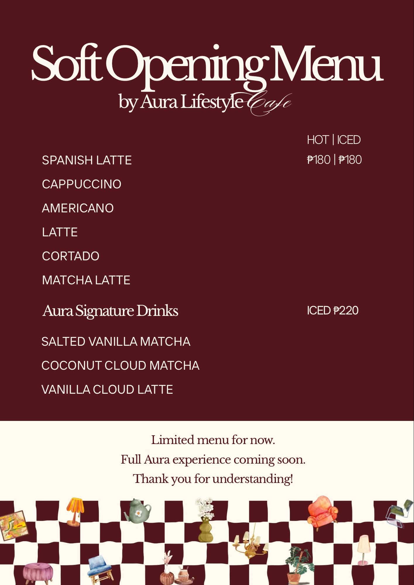 Aura Lifestyle Cafe soft opening menu